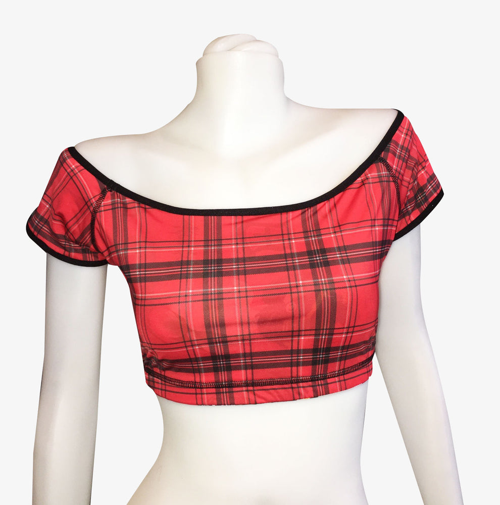 OFF THE SHOULDER CROP TOP RED GEISHA/RED PLAID