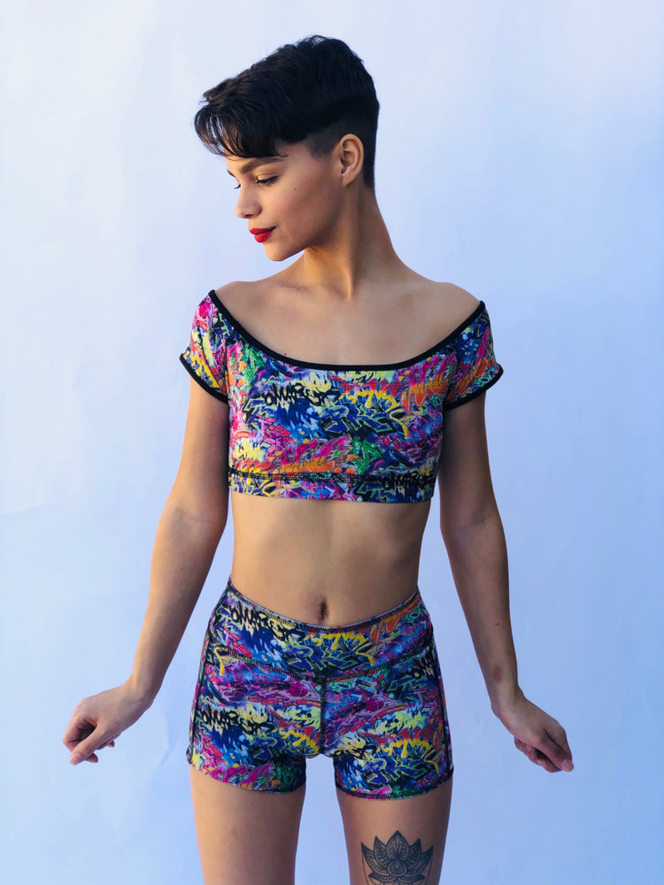 OFF THE SHOULDER CROP TOP GRAFFITI/BUNS OF STEEL – One Love One